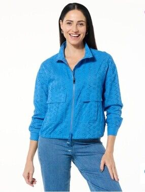 NEW!! Jaclyn Smith Royal Blue Eyelet Zip Bomber Jacket, Sz Small, NWT